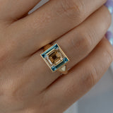 Piet Fancy Emerald-Cut Diamond Ring with Teal & White Diamond Halo